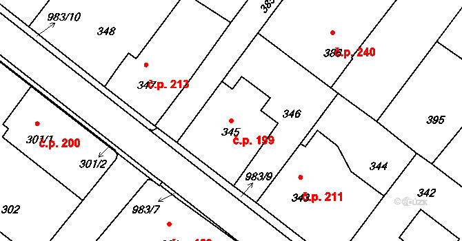 Hvozdná 199 na parcele st. 345 v KÚ Hvozdná, Katastrální mapa
