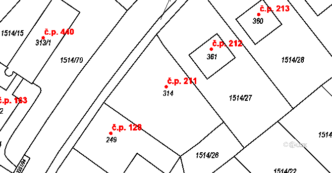 Pozlovice 211 na parcele st. 314 v KÚ Pozlovice, Katastrální mapa