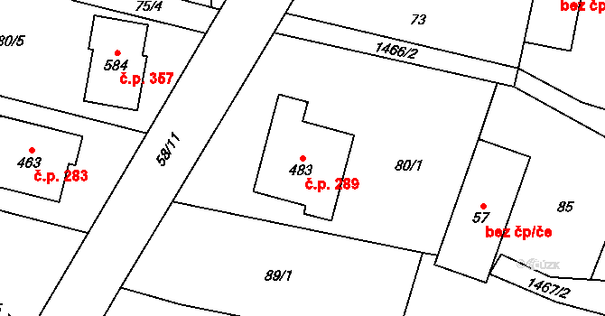 Mokré Lazce 289 na parcele st. 483 v KÚ Mokré Lazce, Katastrální mapa