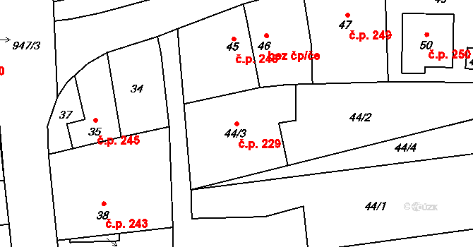 Píšť 229 na parcele st. 44/3 v KÚ Píšť, Katastrální mapa