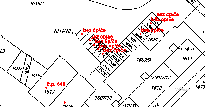 Brno 45534390 na parcele st. 1618/4 v KÚ Staré Brno, Katastrální mapa
