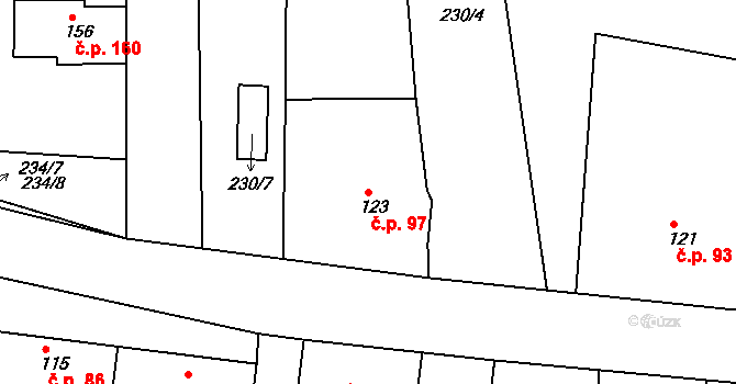 Kojátky 97 na parcele st. 123 v KÚ Kojátky, Katastrální mapa