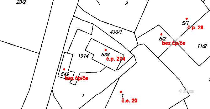 Hrádek 274 na parcele st. 538 v KÚ Hrádek u Rokycan, Katastrální mapa