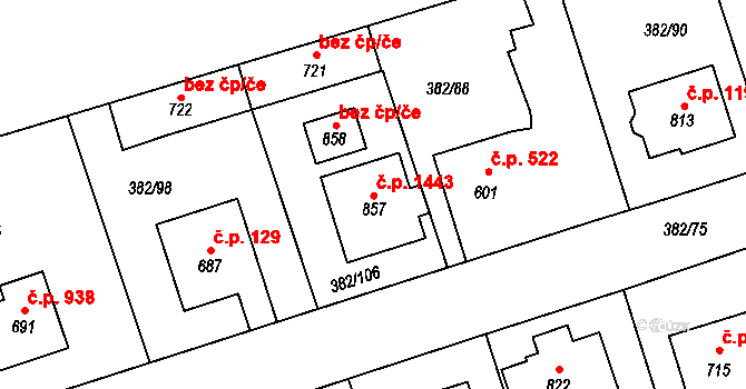 Rudná 1443 na parcele st. 857 v KÚ Dušníky u Rudné, Katastrální mapa