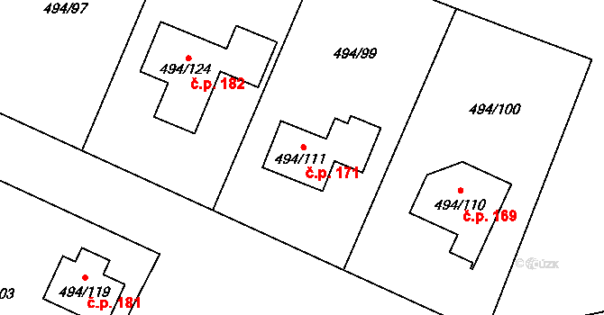 Černotín 171 na parcele st. 494/111 v KÚ Černotín, Katastrální mapa