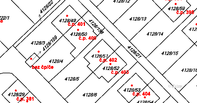 Choceňské Předměstí 402, Vysoké Mýto na parcele st. 4128/51 v KÚ Vysoké Mýto, Katastrální mapa