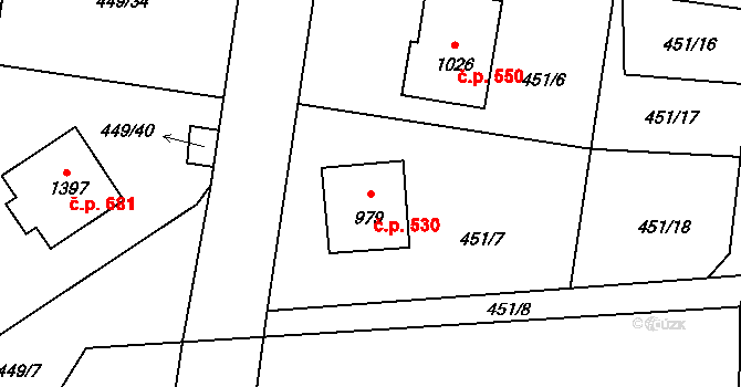 Horní Bříza 530 na parcele st. 979 v KÚ Horní Bříza, Katastrální mapa