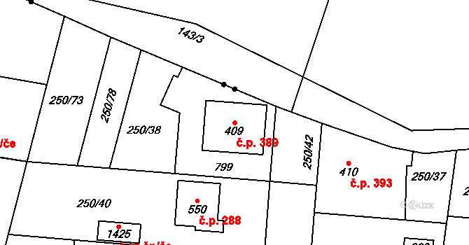 Rosice 389, Pardubice na parcele st. 409 v KÚ Rosice nad Labem, Katastrální mapa