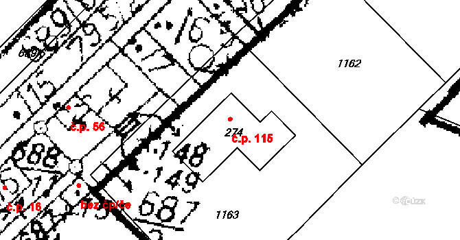 Opatovice I 115 na parcele st. 274 v KÚ Opatovice I, Katastrální mapa