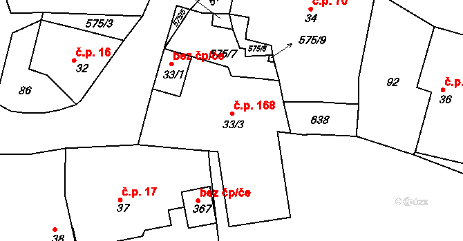Krušovice 168 na parcele st. 33/3 v KÚ Krušovice, Katastrální mapa