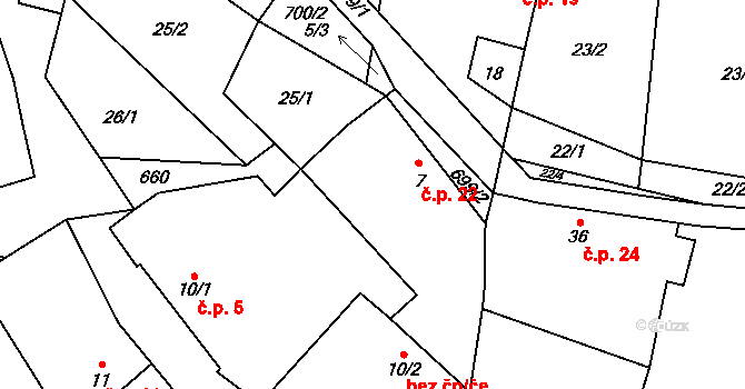 Podivice 22, Kaliště na parcele st. 7 v KÚ Podivice, Katastrální mapa