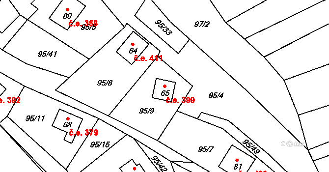 Košetice 399, Líšťany na parcele st. 65 v KÚ Košetice u Hunčic, Katastrální mapa