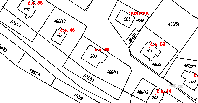 Koštice 68 na parcele st. 206 v KÚ Koštice, Katastrální mapa