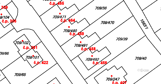 Popůvky 458 na parcele st. 709/491 v KÚ Popůvky u Brna, Katastrální mapa