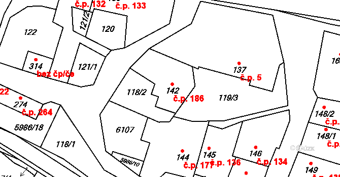 Kamenice 186 na parcele st. 142 v KÚ Kamenice u Jihlavy, Katastrální mapa