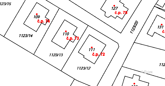 Nadějov 72 na parcele st. 111 v KÚ Nadějov, Katastrální mapa