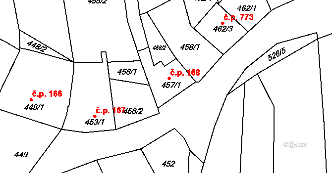 Šardice 168 na parcele st. 457/1 v KÚ Šardice, Katastrální mapa