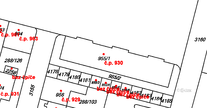 Kyjov 930 na parcele st. 955/1 v KÚ Kyjov, Katastrální mapa