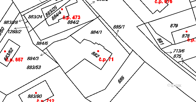Hřebeč 71 na parcele st. 882 v KÚ Hřebeč, Katastrální mapa