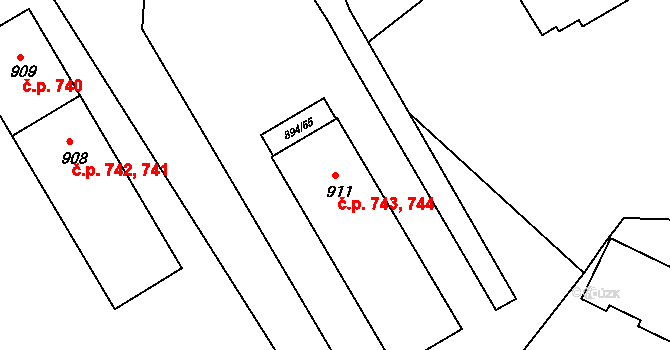 Ivanovice na Hané 743,744 na parcele st. 911 v KÚ Ivanovice na Hané, Katastrální mapa