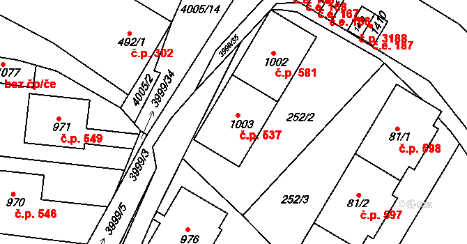 Dědice 537, Vyškov na parcele st. 1003 v KÚ Dědice u Vyškova, Katastrální mapa