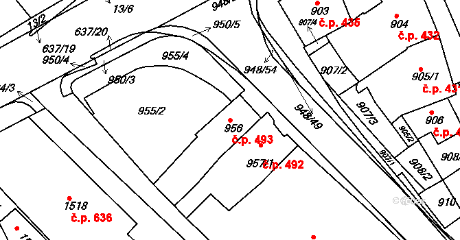 Rousínov 493 na parcele st. 956 v KÚ Rousínov u Vyškova, Katastrální mapa