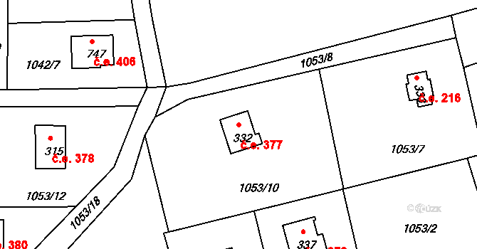 Borová Lhota 377, Pyšely na parcele st. 332 v KÚ Pyšely, Katastrální mapa