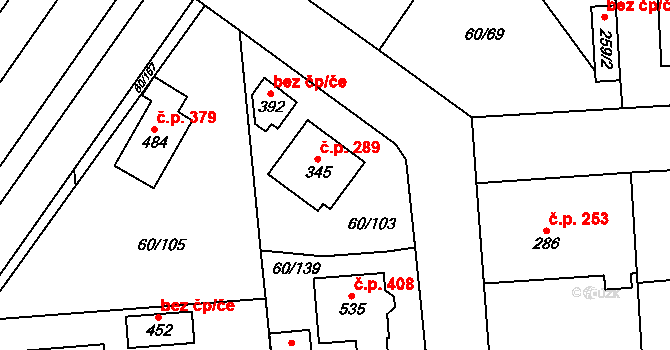 Hovorčovice 289 na parcele st. 345 v KÚ Hovorčovice, Katastrální mapa