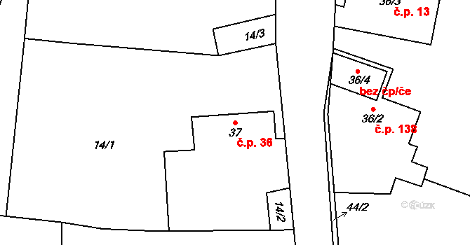 Černožice 36 na parcele st. 37 v KÚ Černožice nad Labem, Katastrální mapa