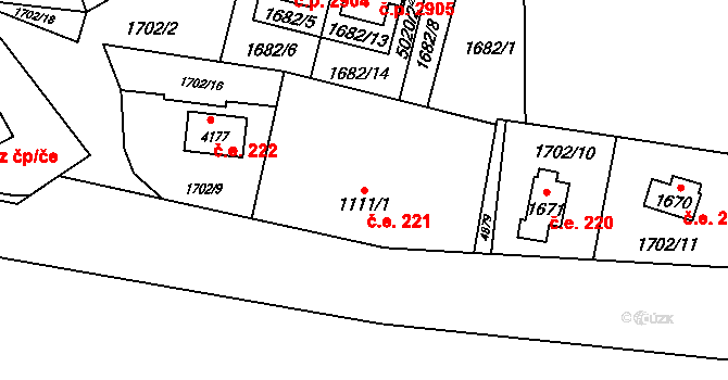 Rožnov pod Radhoštěm 221 na parcele st. 1111/1 v KÚ Rožnov pod Radhoštěm, Katastrální mapa
