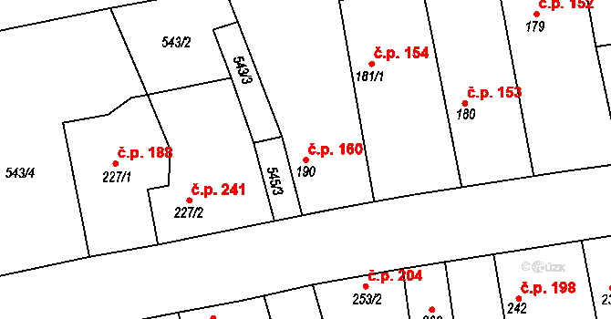 Dymokury 160 na parcele st. 190 v KÚ Dymokury, Katastrální mapa