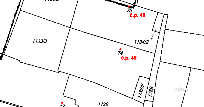 Sviny 46 na parcele st. 74 v KÚ Sviny, Katastrální mapa