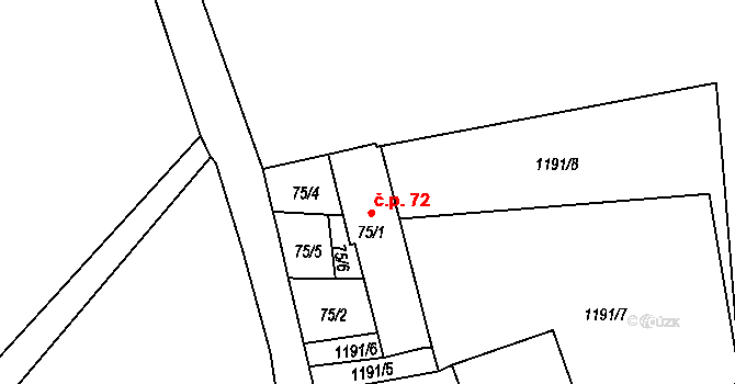 Temelín 72 na parcele st. 75/1 v KÚ Temelín, Katastrální mapa