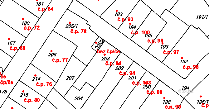 Prosetice 91, Teplice na parcele st. 203 v KÚ Prosetice, Katastrální mapa