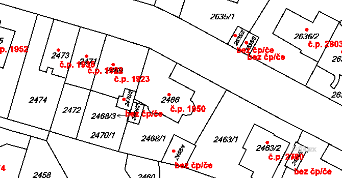 Teplice 1950 na parcele st. 2466 v KÚ Teplice, Katastrální mapa