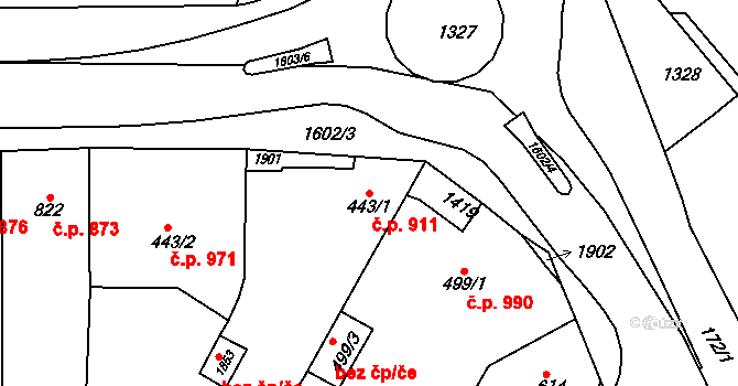 Litovel 911 na parcele st. 443/1 v KÚ Litovel, Katastrální mapa