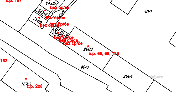 Střed 65,69,136, Rokycany na parcele st. 2605 v KÚ Rokycany, Katastrální mapa