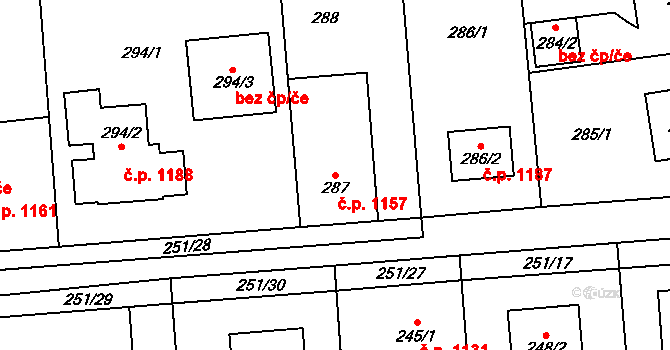 Dubeč 1157, Praha na parcele st. 287 v KÚ Dubeč, Katastrální mapa
