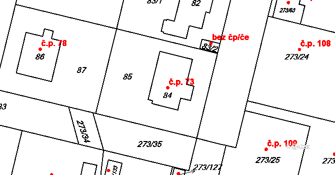 Křeslice 73, Praha na parcele st. 84 v KÚ Křeslice, Katastrální mapa