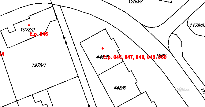 Háje 846,847,848,849,850, Praha na parcele st. 445/5 v KÚ Háje, Katastrální mapa