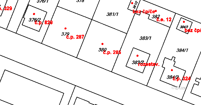 Čimice 285, Praha na parcele st. 380 v KÚ Čimice, Katastrální mapa
