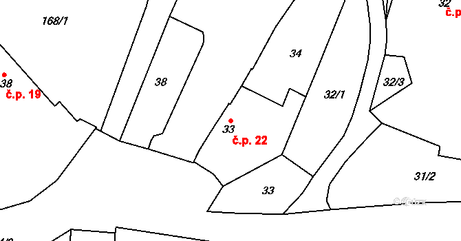 Třebsko 22 na parcele st. 33 v KÚ Třebsko, Katastrální mapa