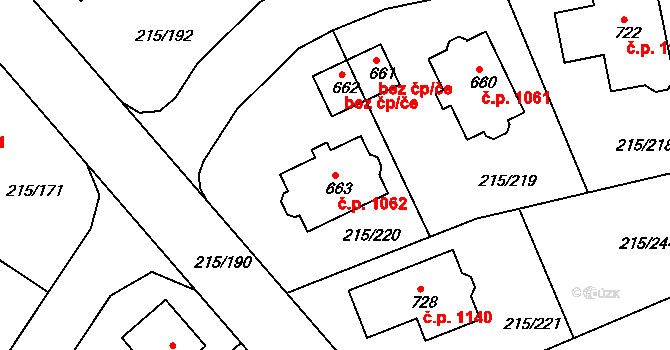 Rudná 1062 na parcele st. 663 v KÚ Hořelice, Katastrální mapa