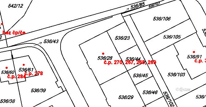 Šeberov 267,268,269,270, Praha na parcele st. 536/28 v KÚ Šeberov, Katastrální mapa
