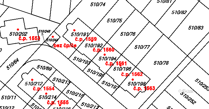 Hostivice 1561 na parcele st. 510/194 v KÚ Hostivice, Katastrální mapa