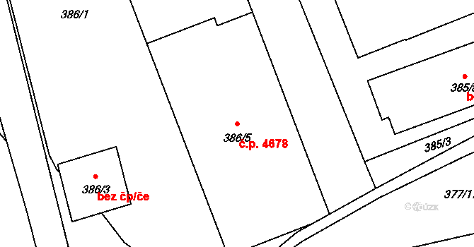 Rýnovice 4678, Jablonec nad Nisou na parcele st. 386/5 v KÚ Rýnovice, Katastrální mapa