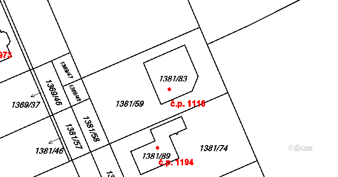 Černice 1116, Plzeň na parcele st. 1381/83 v KÚ Bručná, Katastrální mapa