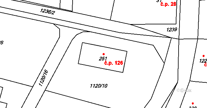 Heřmaničky 126 na parcele st. 251 v KÚ Heřmaničky, Katastrální mapa