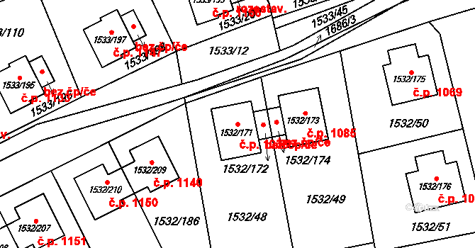 Řeporyje 1038, Praha na parcele st. 1532/171 v KÚ Řeporyje, Katastrální mapa