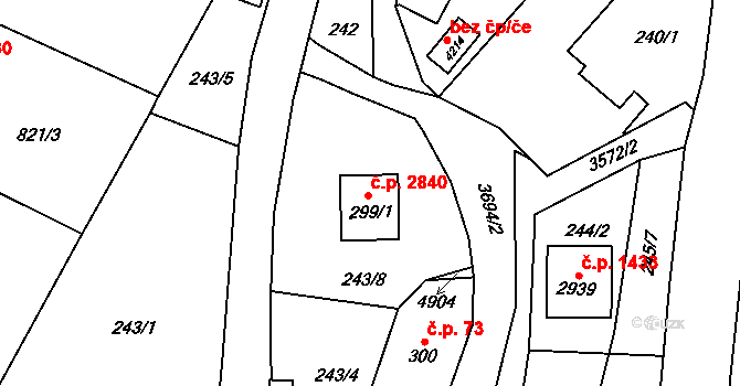 Rožnov pod Radhoštěm 2840 na parcele st. 299/1 v KÚ Rožnov pod Radhoštěm, Katastrální mapa